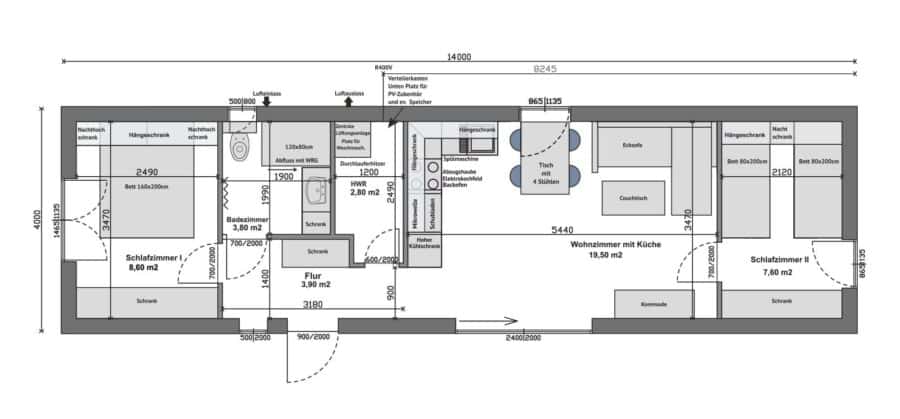 Tinyhaus-KfW 40 mit 3 Zimmer und Weitblick! - Grundriss Effizienzhaus_14x4m